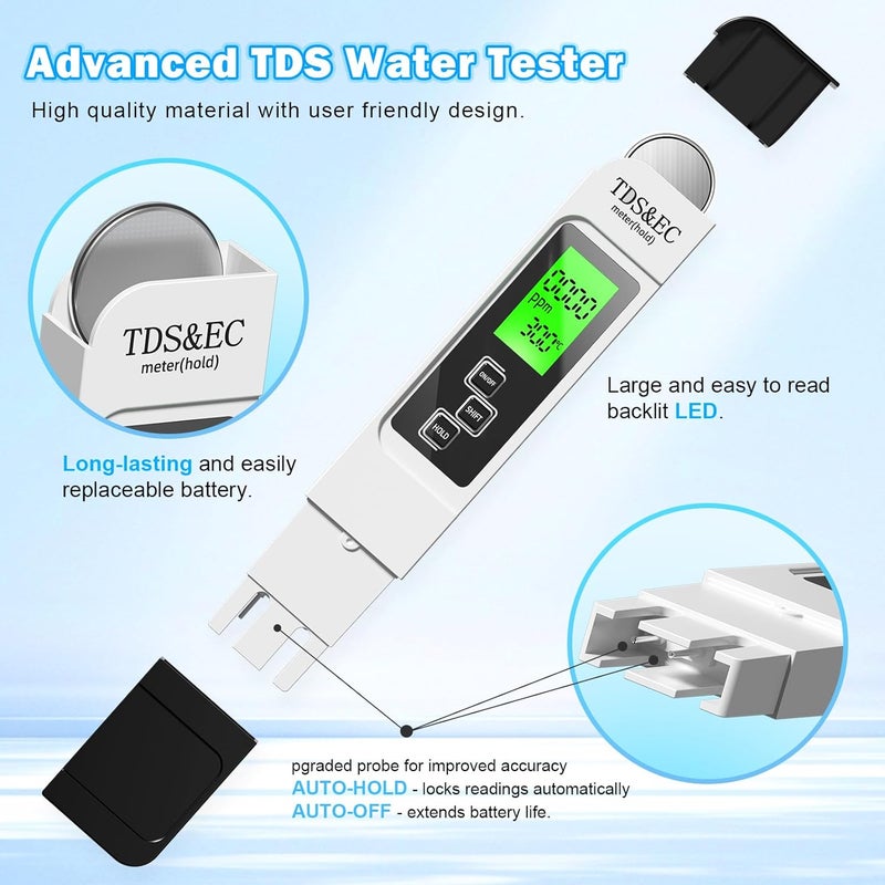 LIKDAY أطقم اختبار المياه للشرب - مقياس TDS 4 في 1 مقياس TDS و EC ودرجة الحرارة (°C،°F) ، دقيق وموثوق رقمي للصنبور، البئر، حمام السباحة، الزراعة المائية، الحوض، نظام RO/DI - Image 2